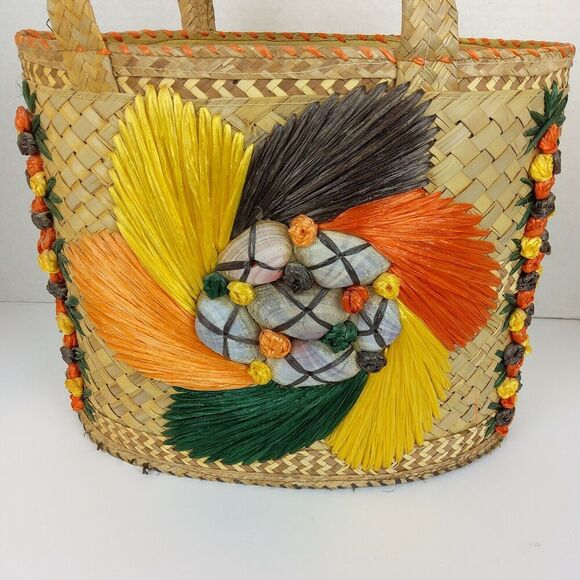 VTG Woven Straw Sea Shell Wicker Beach Tote Market Bag Raffia Floral Colorful - Picture 2 of 12